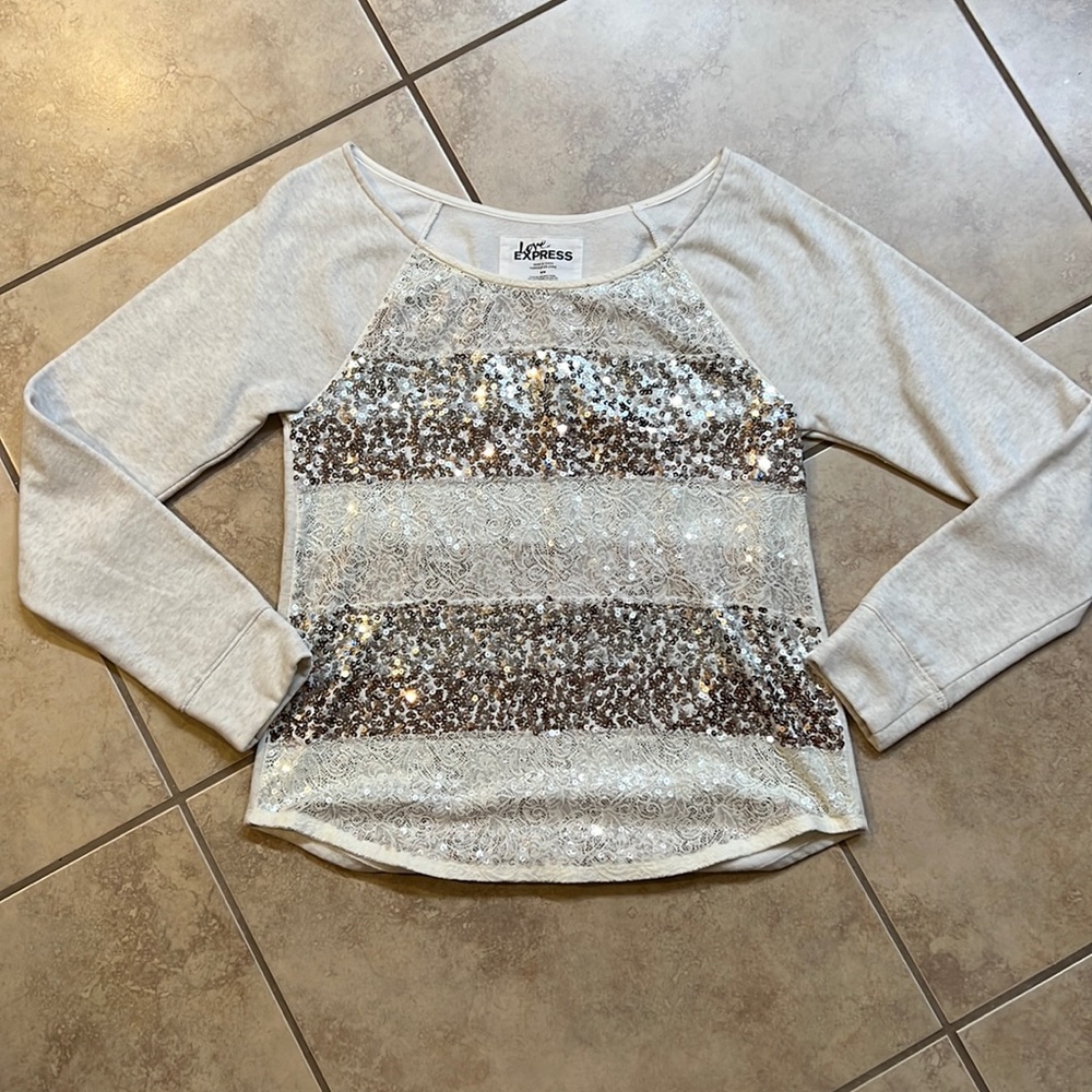 Express longsleeve sweater with white and gold sequins size medium